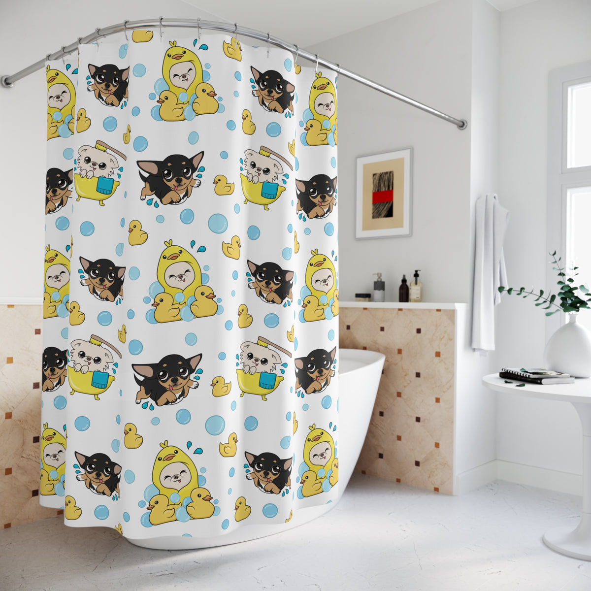 Chihuahua Bath Time Pattern Shower Curtain – Calm Bubble Day