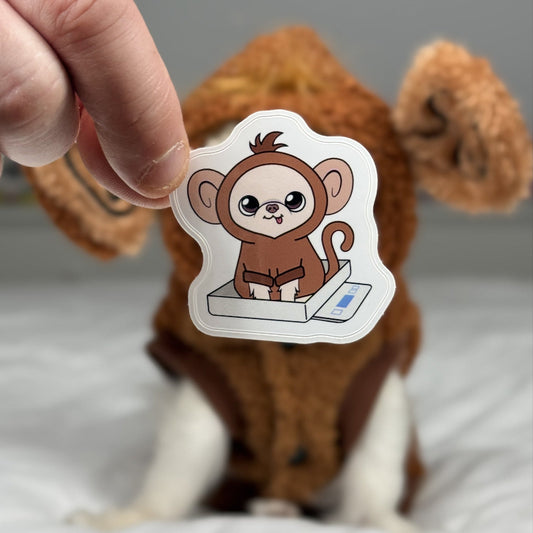 Hand holding a cartoon monkey sticker over a small dog wearing a sweater.