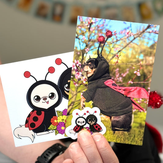 The full set of the maya ladybug pawdograph bundle, including an illustration of Cedric and Maya in ladybug costumes, a picture of Maya as a laydybig and a sticker of Cedric and Maya in ladybug costumes.