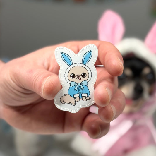 Tiny Chihuahua Cedric Easter Bunny Sticker Closeup
