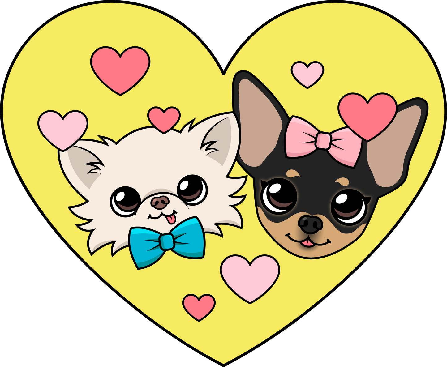 Cedric and Maya the Chihuahuas inside a yellow heart surrounded by pink hearts, featuring Cedric in a blue bowtie and Maya with a pink hair bow.