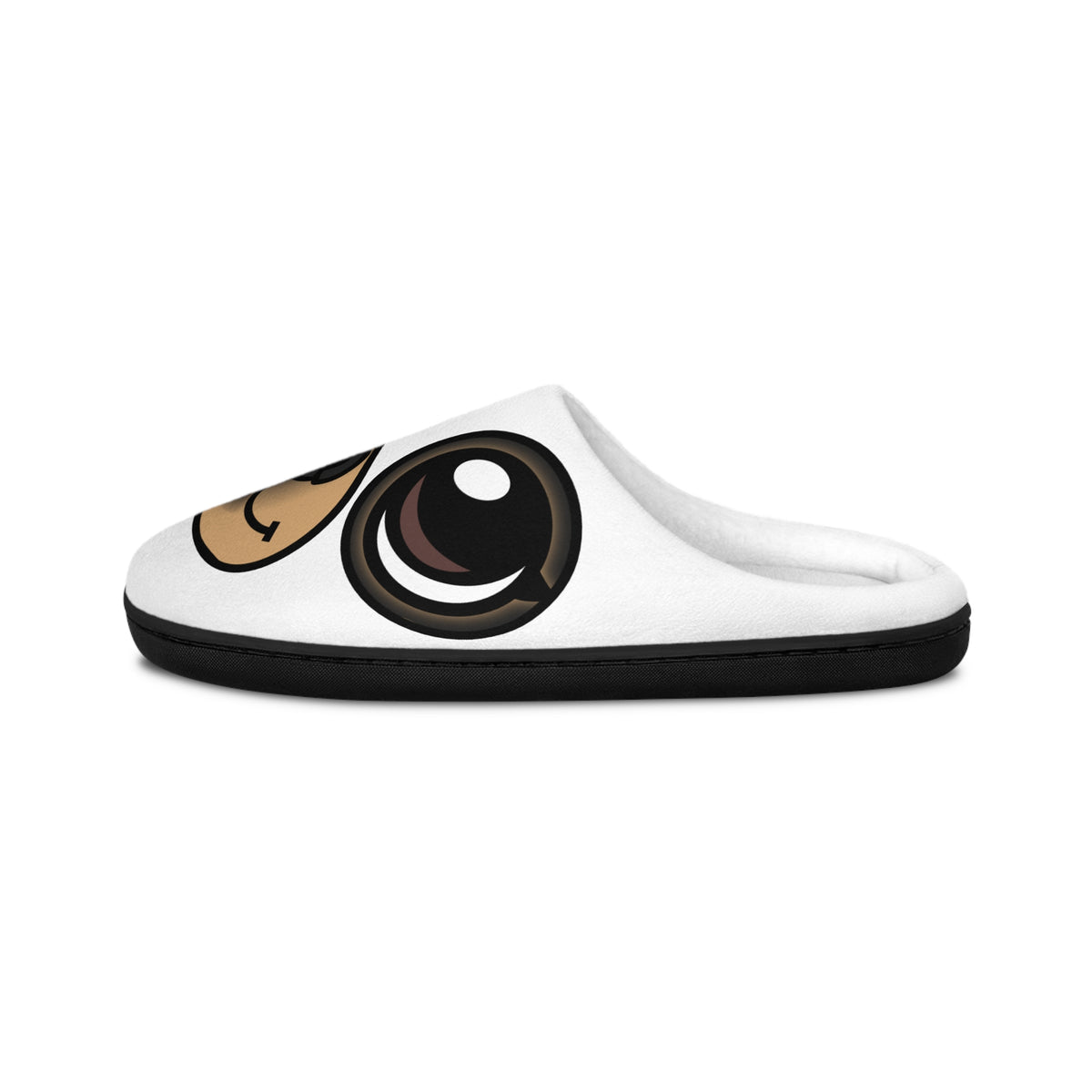 Close side view of a white women’s slipper with Ghost Chi face artwork and a black sole.