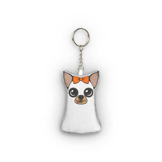 Ghost Maya mini plush keychain with orange bow, front view.