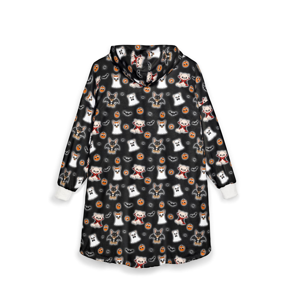 Back view of a black hooded blanket featuring the repeating Halloween Chis characters and white lining details.