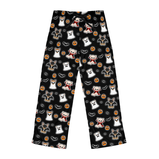 Black Halloween pajama pants with a repeating mix of ghostly and vampire Chihuahuas, pumpkins and bats.