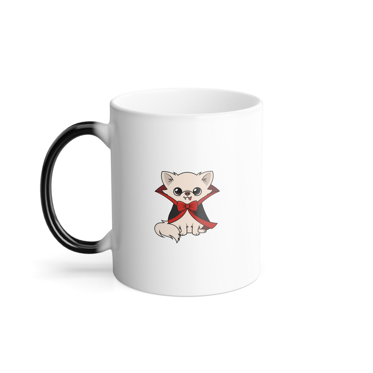 White color‑changing mug with a black handle featuring a centered illustration of Cedric, a cream chihuahua sitting in a black cape with red lining and a red bow tie, small fangs showing in a cute, calm expression.