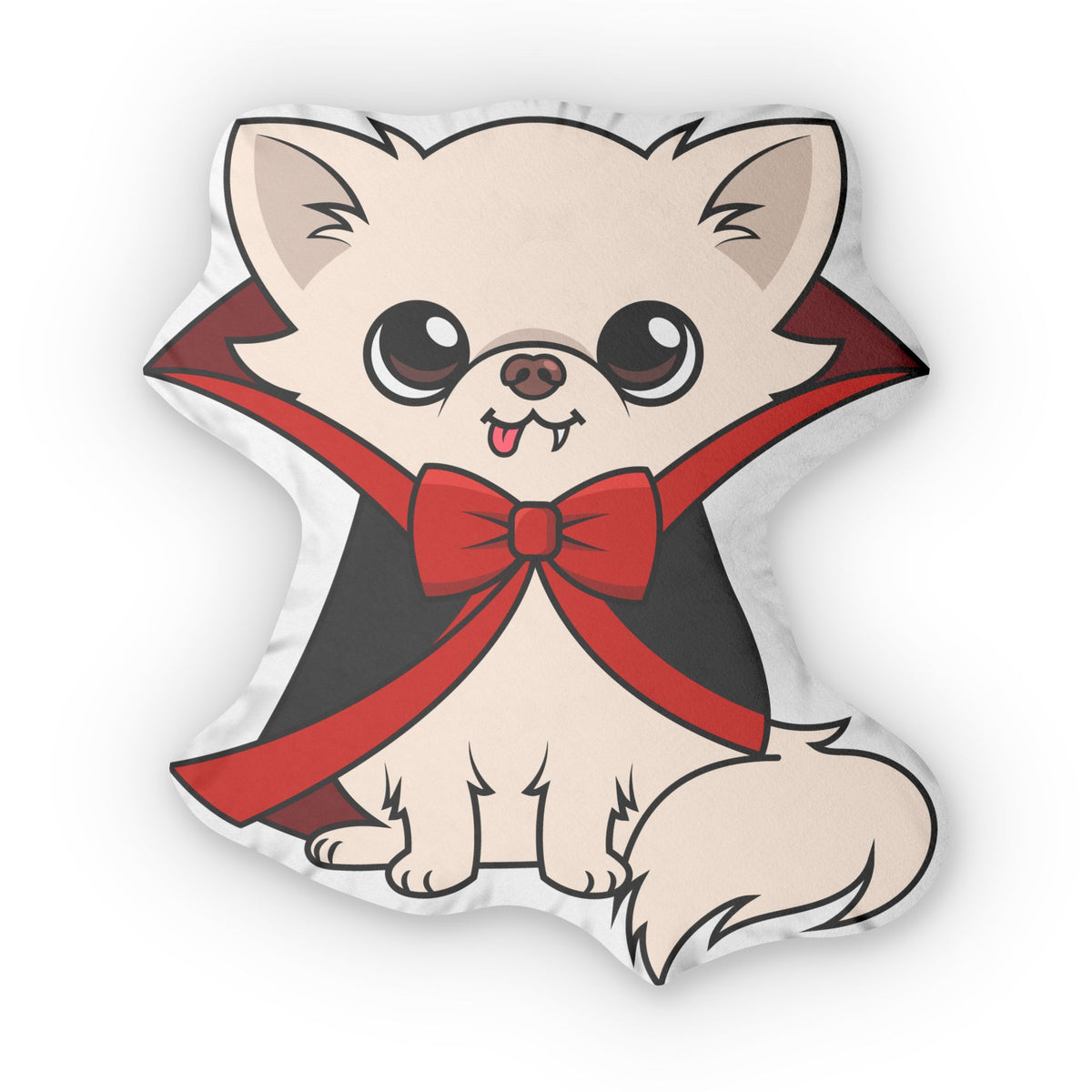 Custom-shaped pillow featuring a cream chihuahua cartoon dressed as a vampire, sitting with a black cape lined in red and a large red bow at the chest, shown on a white background in a top-down front view.