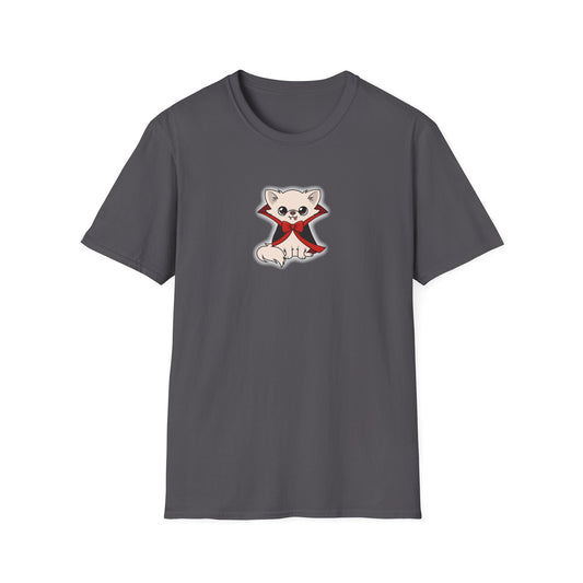 Front view of a charcoal unisex T-shirt featuring Vampire Cedric in a small Halloween costume illustration.