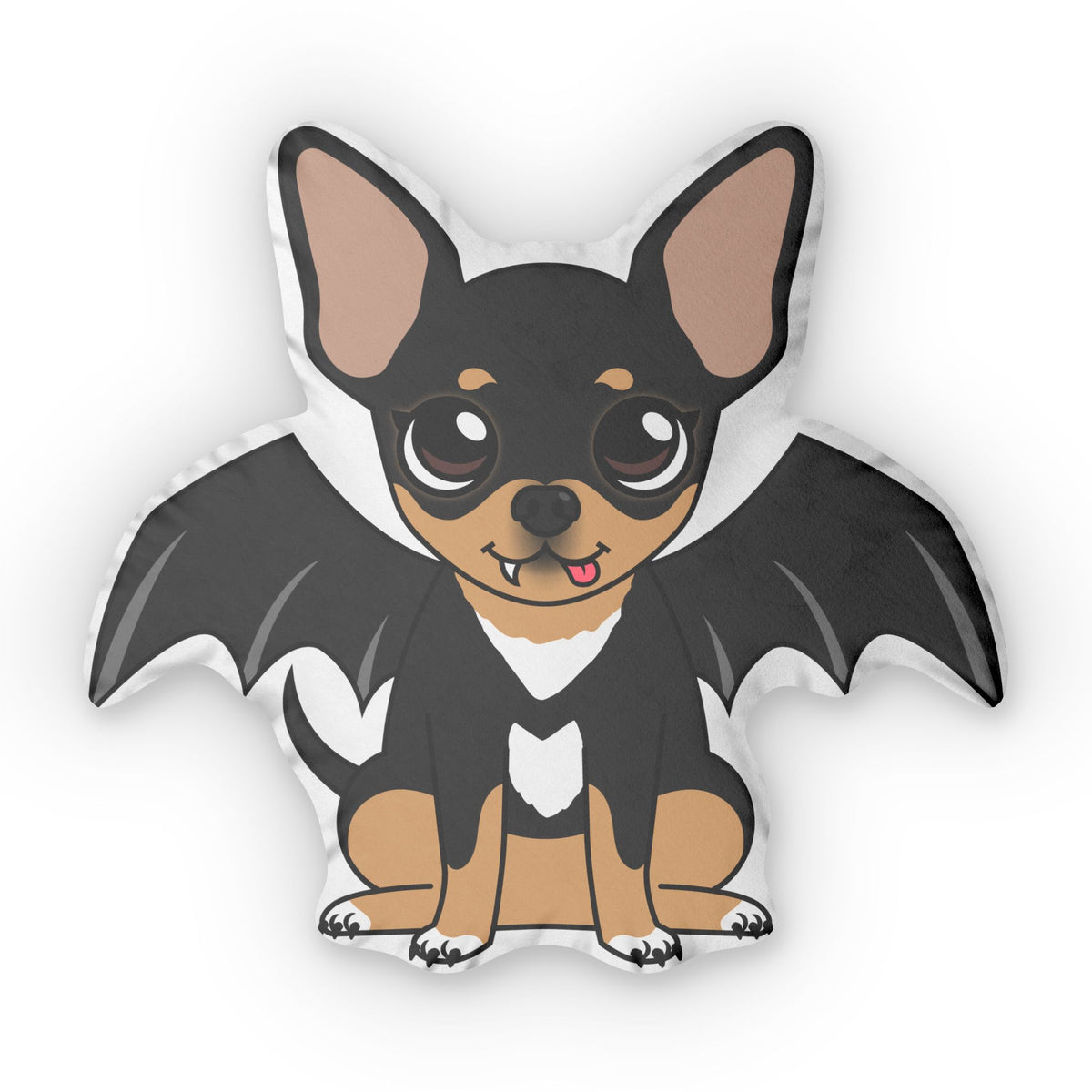 Custom-shaped pillow featuring a cute black-and-tan chihuahua named Maya with large bat wings, big round eyes, a tiny fang and tongue showing, sitting against a white background.