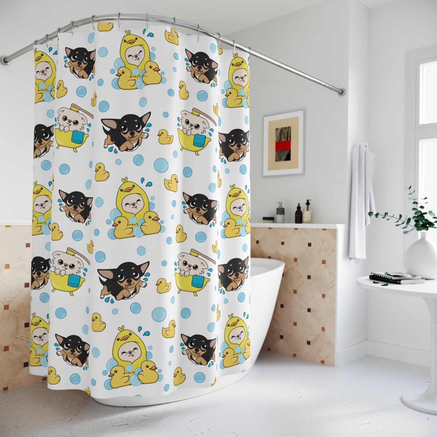Chihuahua Bath Time Pattern Shower Curtain – Calm Bubble Day