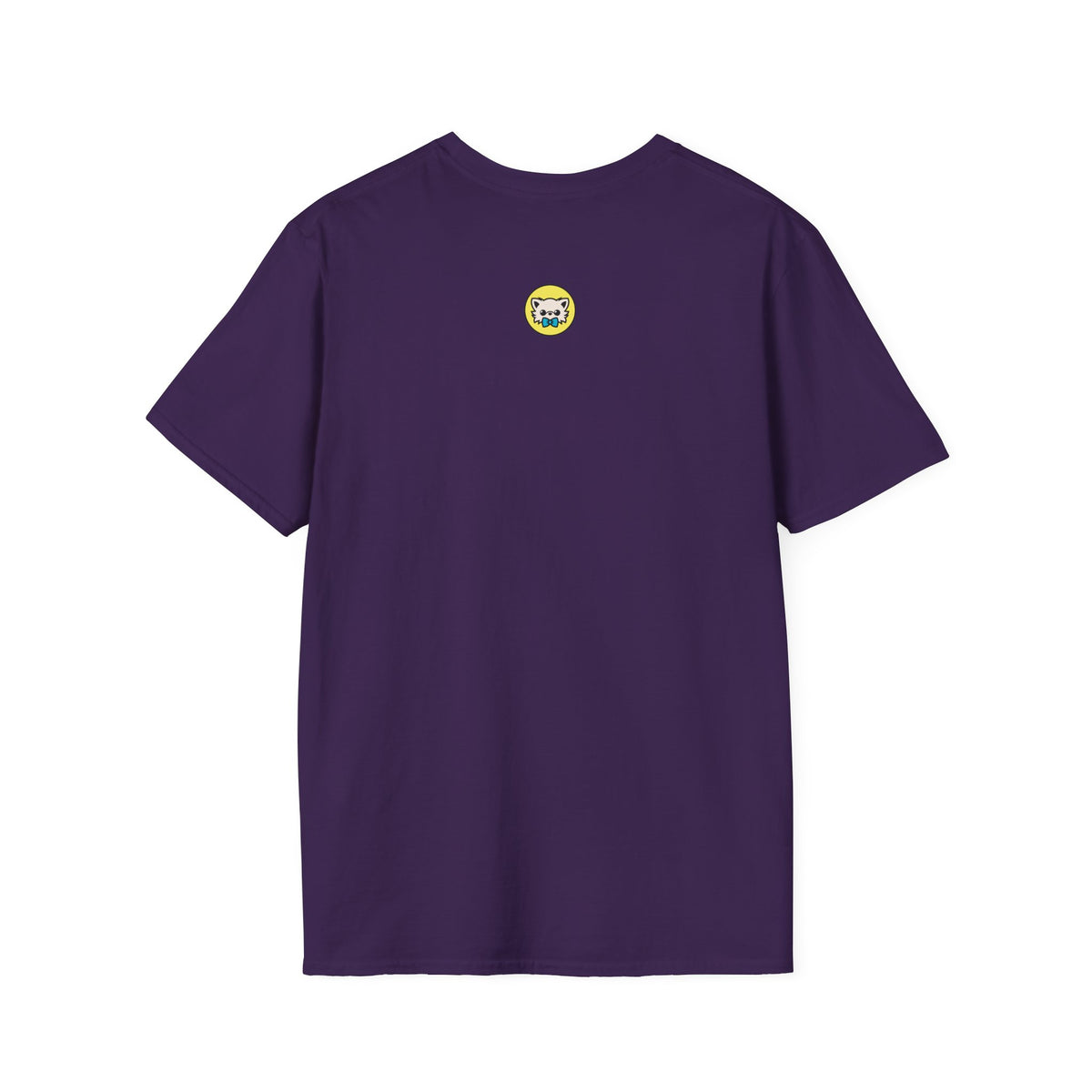Back view of a purple unisex t-shirt with a small round graphic centered below the neckline, showing a cute chihuahua face with bat wings on a pale yellow circle.