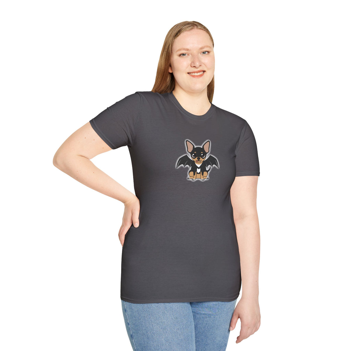 Size chart for a blank Gildan 64000 unisex short-sleeve crew neck T-shirt, showing measurement guides for width, length, and sleeve length in both inches and centimeters across sizes XS to 5XL.