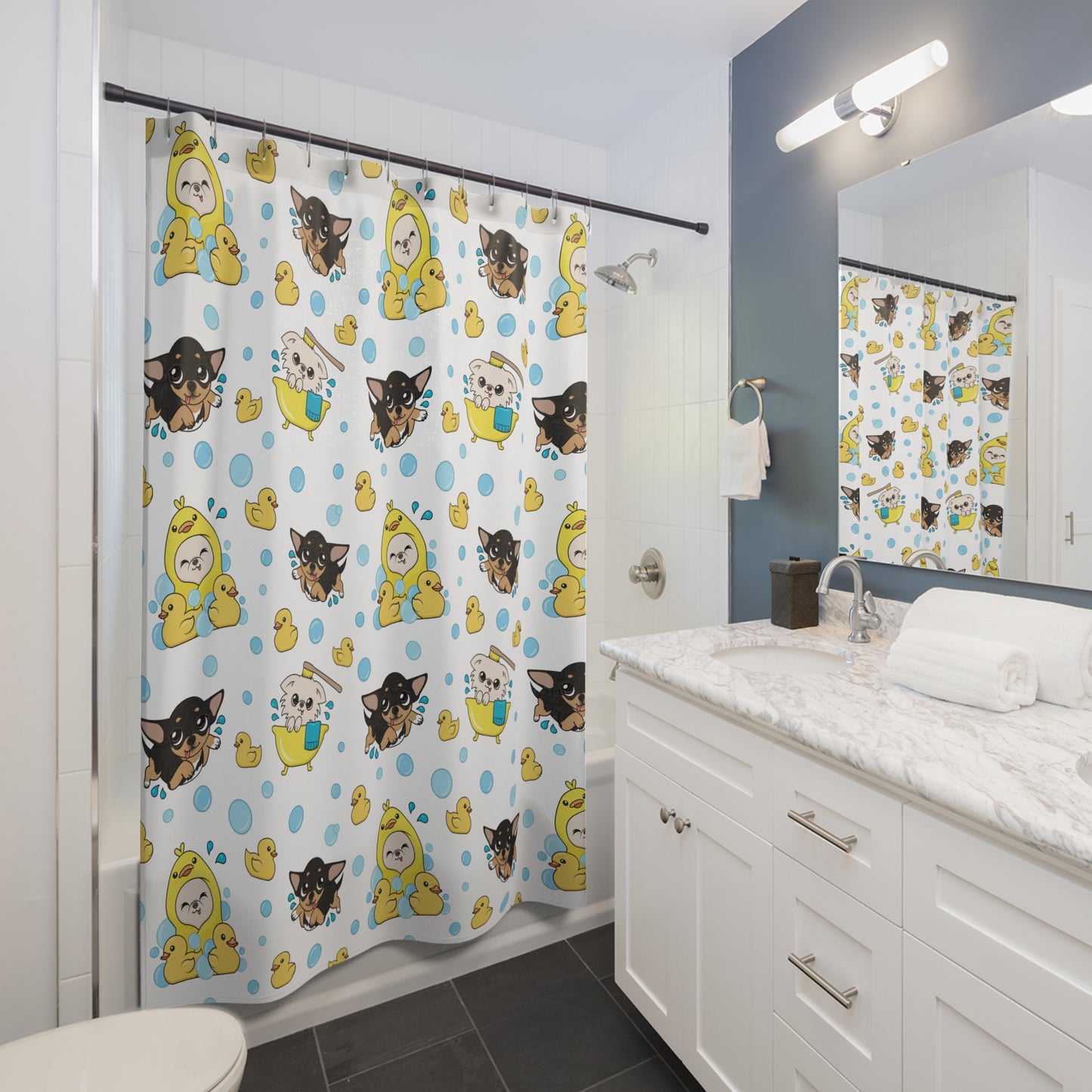 Chihuahua Bath Time Pattern Shower Curtain – Calm Bubble Day