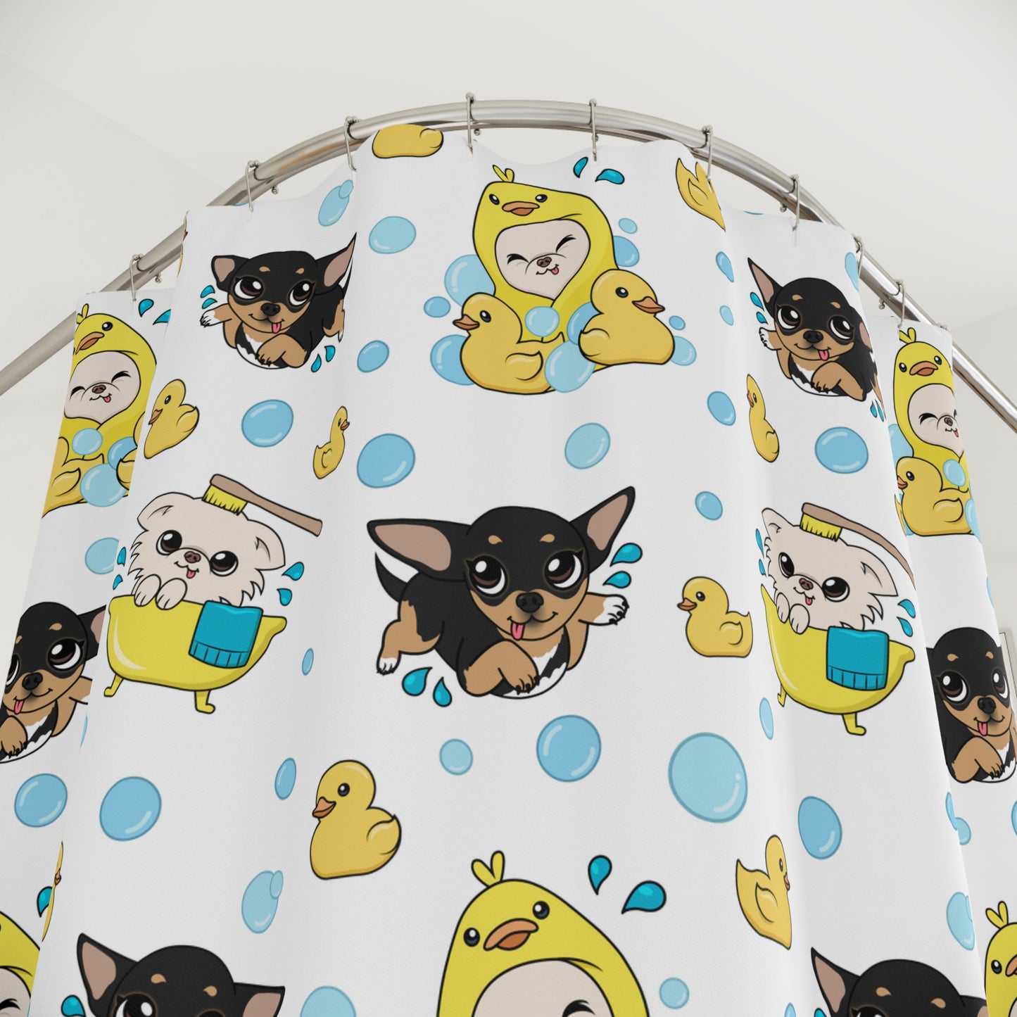 Chihuahua Bath Time Pattern Shower Curtain – Calm Bubble Day