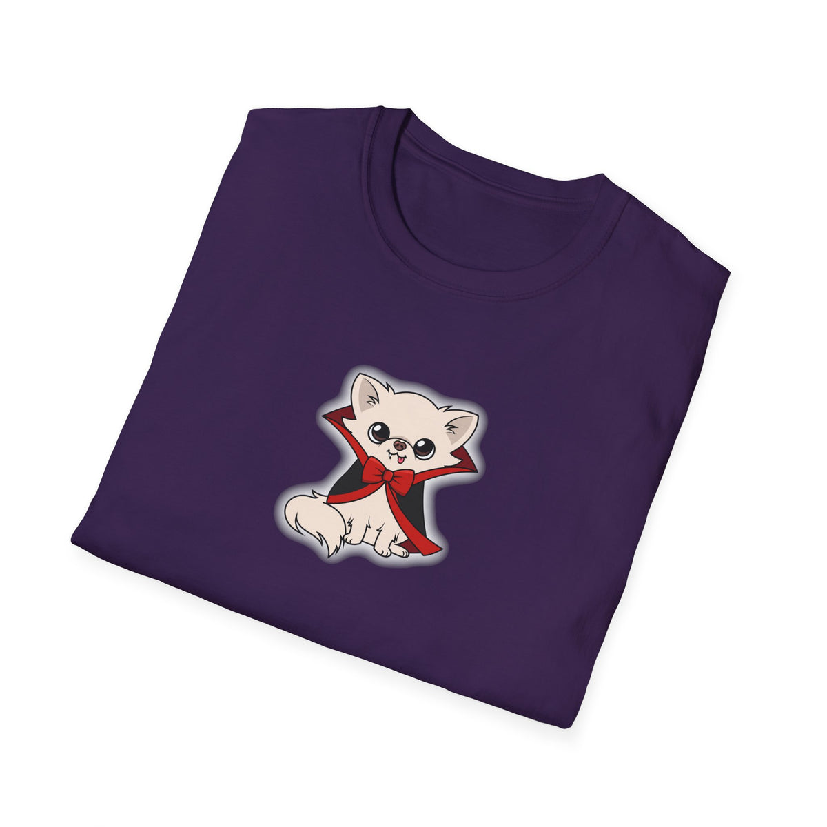 Folded purple unisex t-shirt featuring a cream chihuahua sitting in a black vampire cape with red lining and a red bow tie, outlined by a soft white glow on the front.