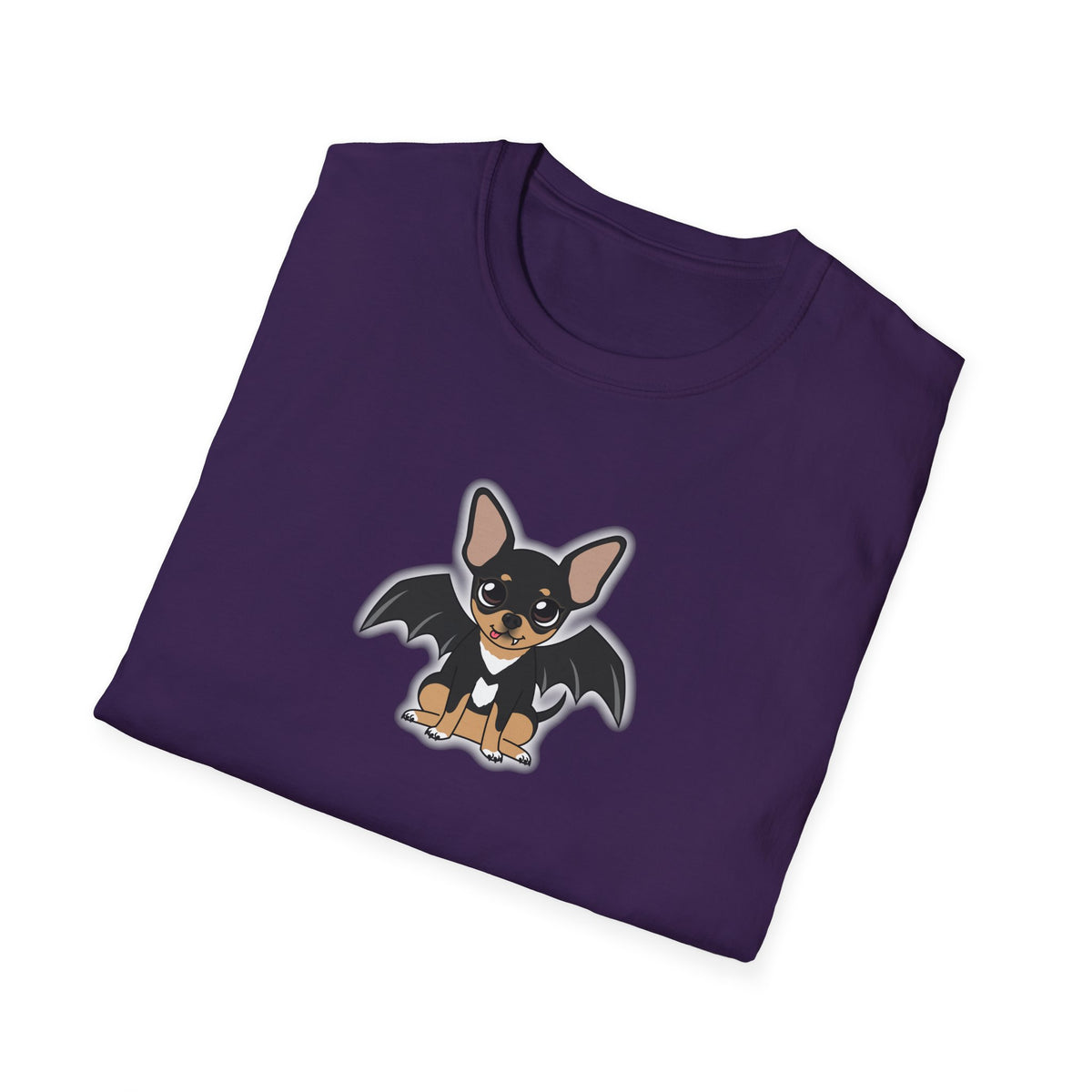 Folded purple unisex t-shirt featuring a cute black-and-tan chihuahua with a white chest, small fang, and black bat wings, outlined with a soft gray glow on the front center.