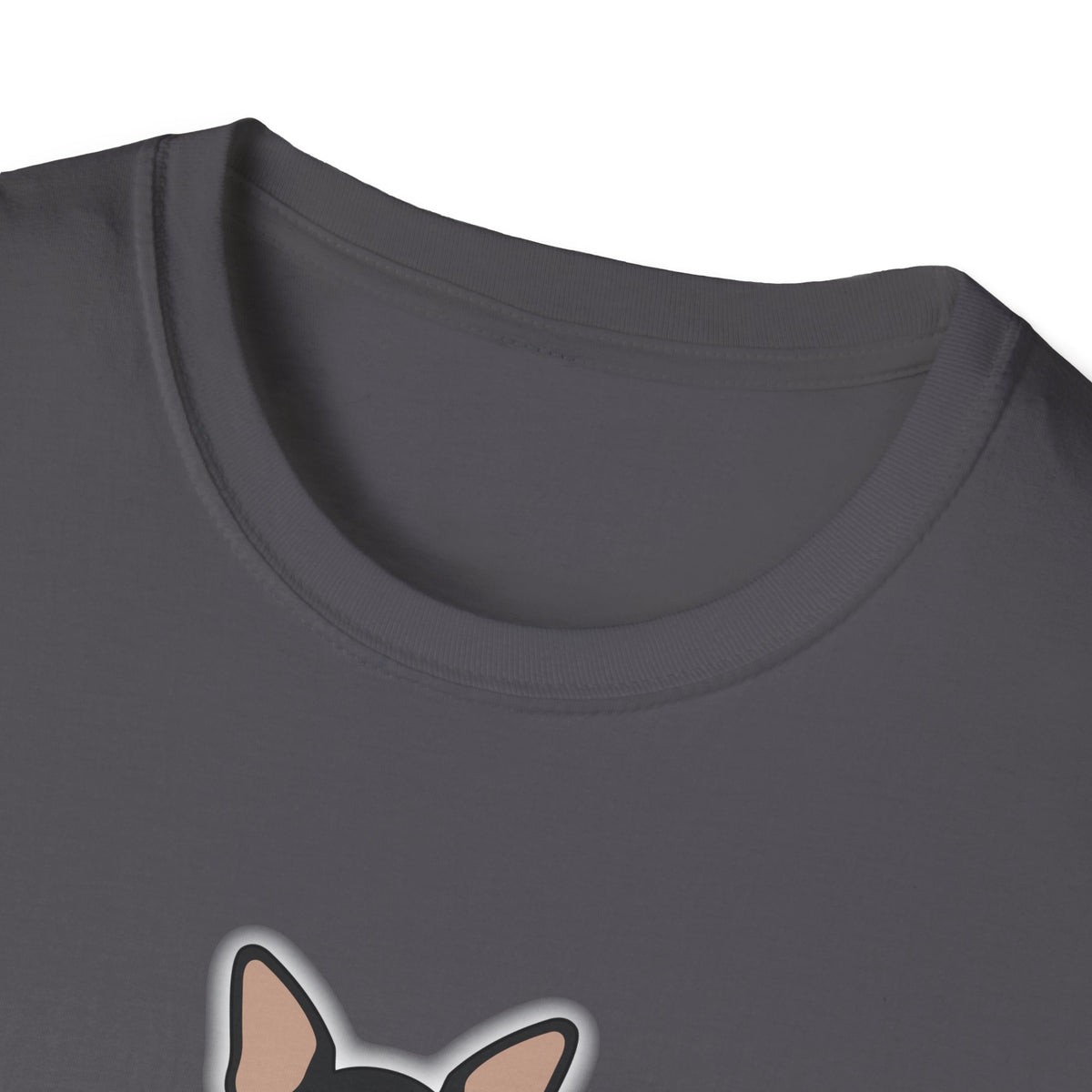 Folded orange unisex t-shirt featuring an illustration of Maya, a small black-and-tan chihuahua with a white chest, big bright eyes, tiny fang, and black bat wings outlined with a soft glow on the front center.