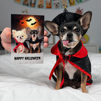 Illustrated Halloween greeting card featuring Vampire Cedric and Maya.