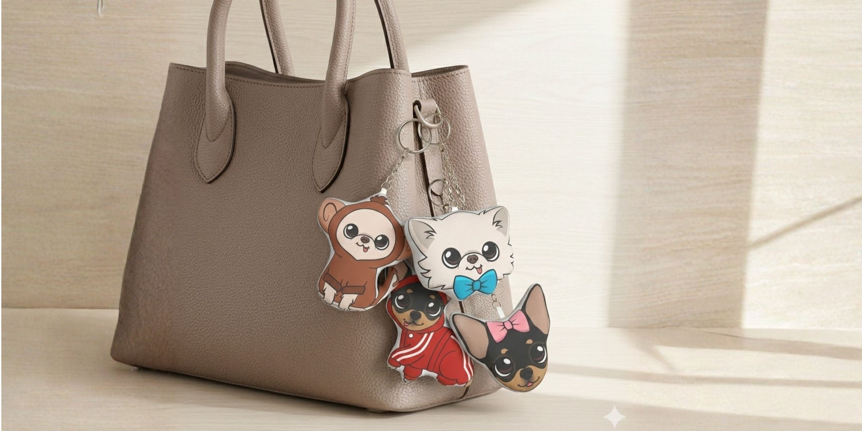 Gray handbag with chihuahua-themed keychains on a light wooden surface