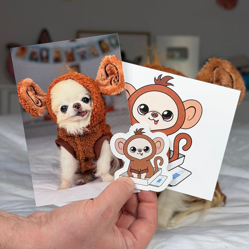 A hand holds two printed photos or cards in front of a real bedroom scene with a dog on a bed. The left card shows a small dog wearing a brown animal costume, and the right card shows a cartoon monkey illustration.