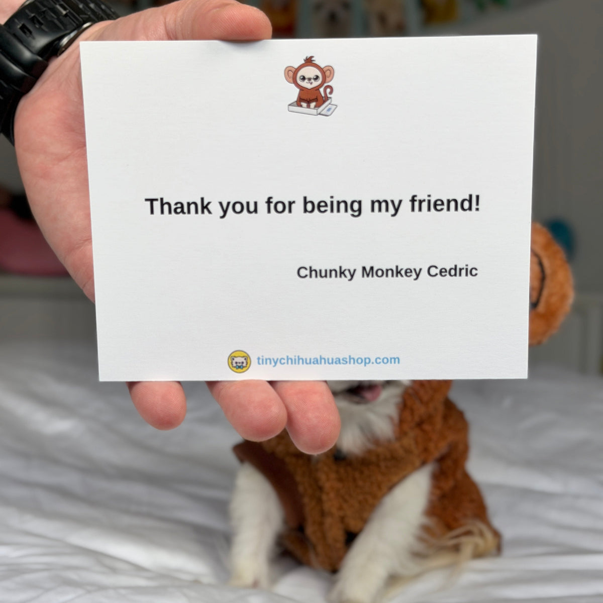 A hand holds a white printed card that reads 'Thank you for being my friend! Chunky Monkey Cedric' with a small monkey illustration and website text. A small dog wearing a brown outfit sits on a white bed in the background.