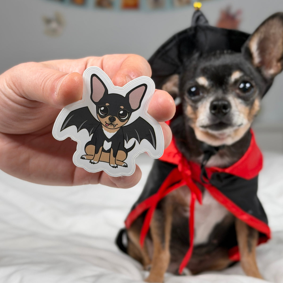 Die-cut sticker featuring Maya the Chihuahua in a vampire costume with bat wings.