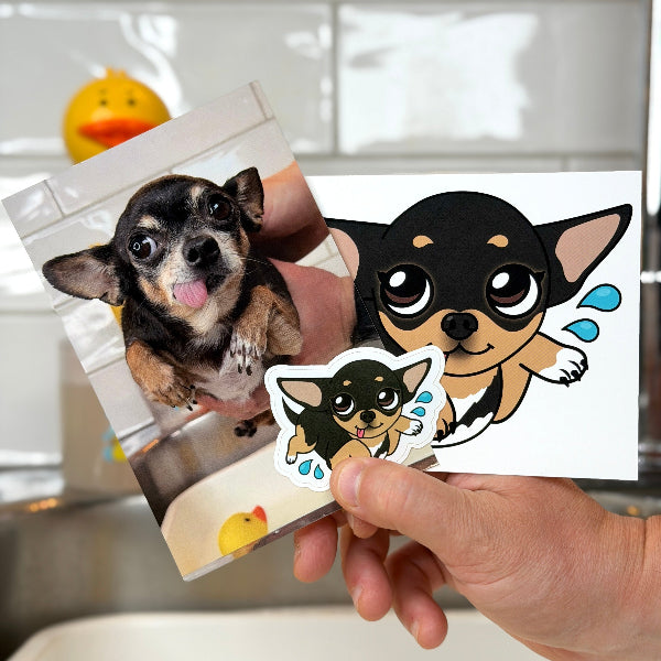 A hand holds a printed photo of a small black-and-tan dog next to cartoon-style dog stickers, with a real dog bath scene and rubber duckies blurred in the background.