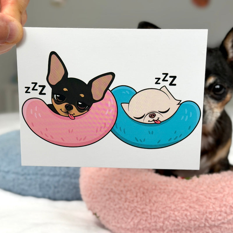 A hand holds a white card featuring a cartoon illustration of two sleeping dogs in pink and blue crescent-shaped beds with 'zzz' text. A real dog is visible in the background on a bed with pink and blue pillows.