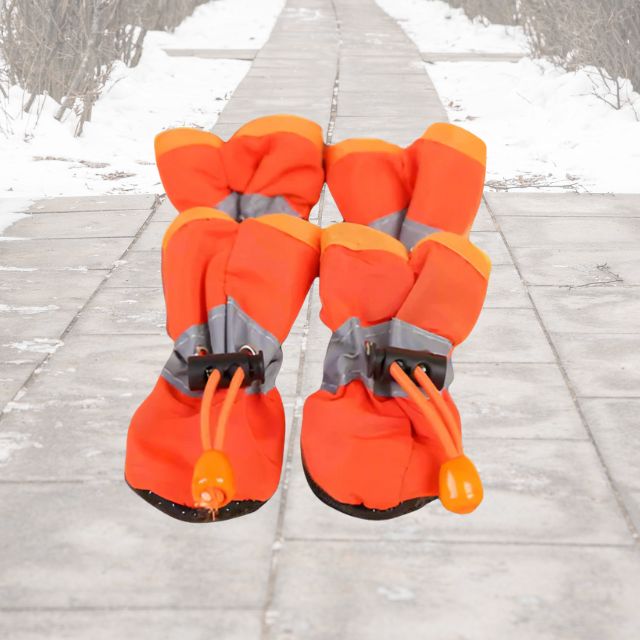 Pair of orange dog boots with gray straps on a snowy path