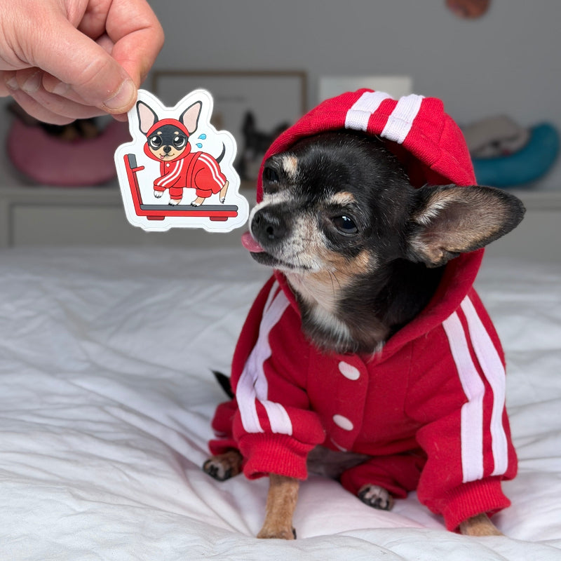 A small black and tan Chihuahua sits on a white bed wearing a red and white dog hoodie. A human hand is holding a matching red and white sticker of the dog in front of the pet's face.