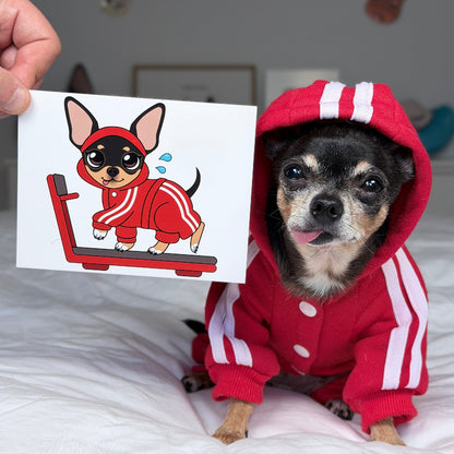 A small black and tan dog wearing a red hooded tracksuit sits on a white bed while looking at a printed card held by a human hand. The card shows a cartoon illustration of a dog running on a treadmill in a red tracksuit.