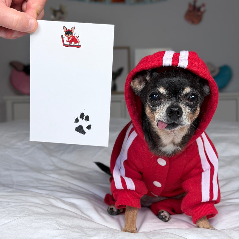 A small black and tan dog wearing a red hooded tracksuit sits on a white bed while a human hand holds up a white card showing a printed dog paw print and a small red dog illustration.