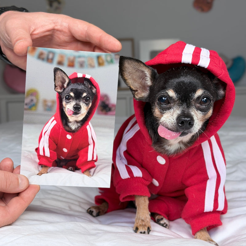 A small black-and-tan dog wearing a red hooded tracksuit with white stripes sits on a white bed, while a person holds up a printed photo of the dog wearing the same outfit. The room background is softly blurred, with a wall banner and decor visible.
