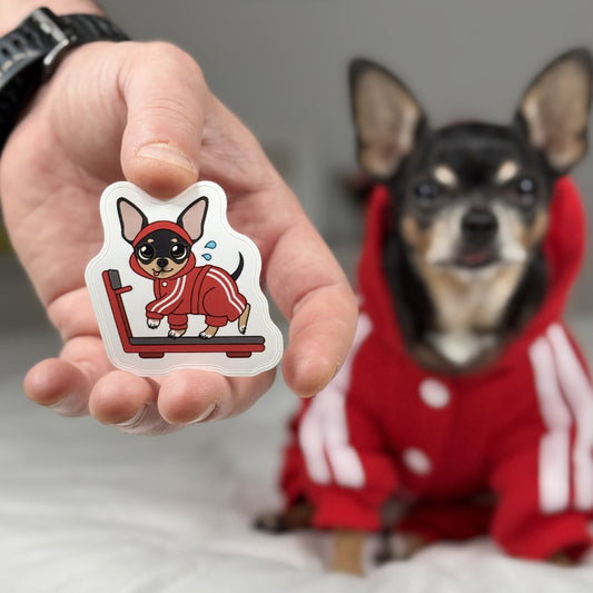 Person holding a sticker of a dog in a red outfit with a real dog in a red outfit in the background.