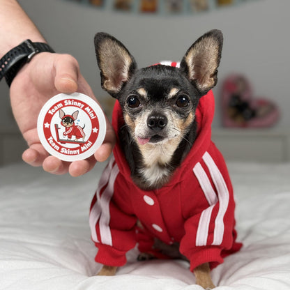 Small dog wearing a red tracksuit with a person holding a sticker featuring a dog and text.