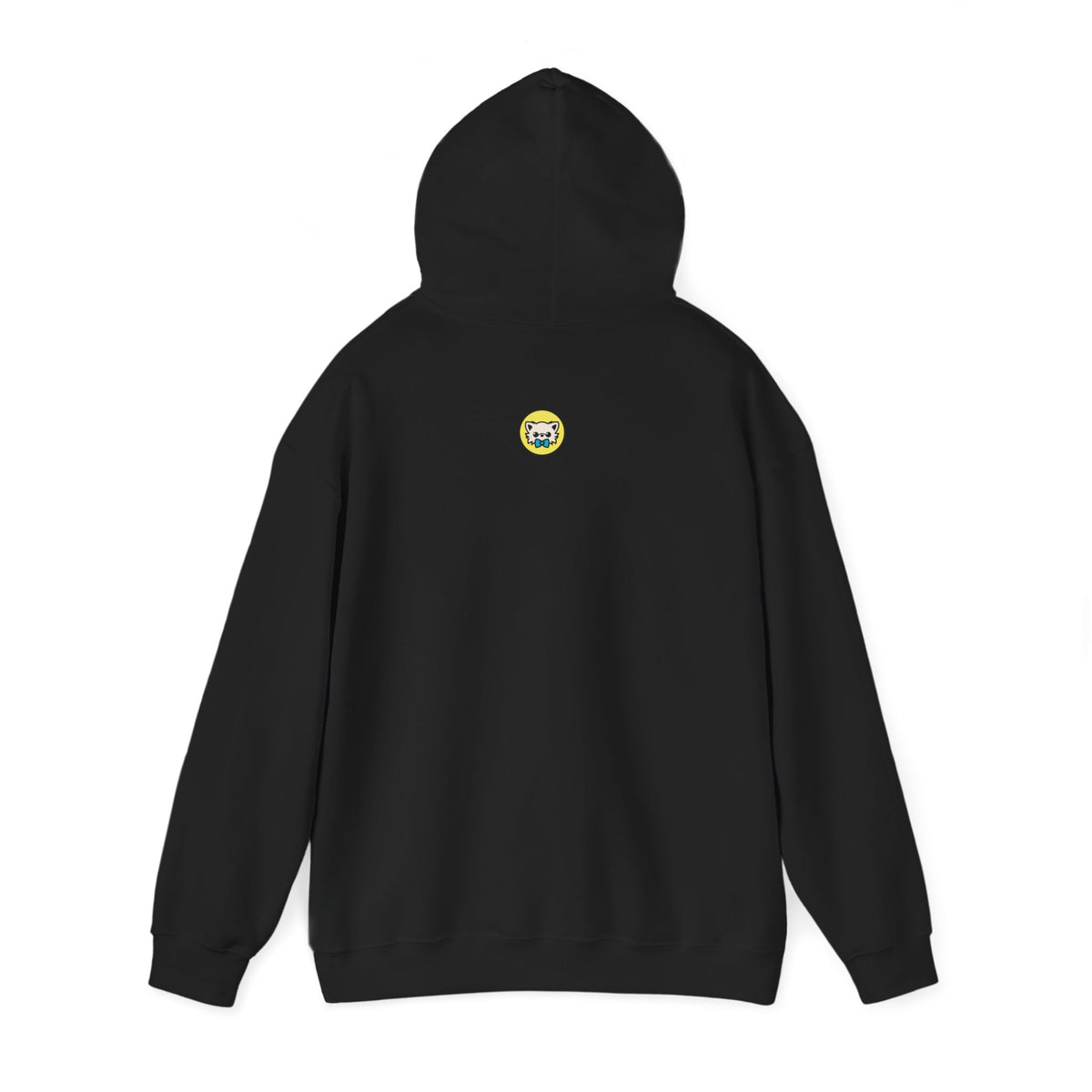 Back view of a black hoodie featuring a small round yellow emblem centered between the shoulders, with a simple chihuahua face illustration inside the circle.