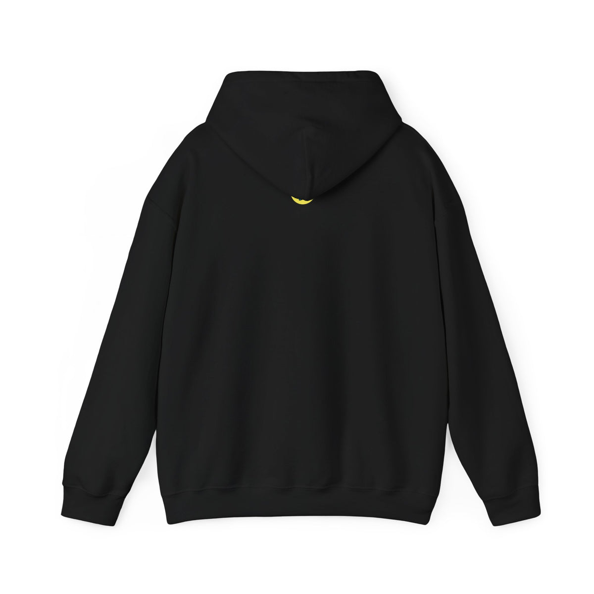 Back view of a black unisex hoodie with a small yellow semicircle detail below the back of the hood, otherwise plain.