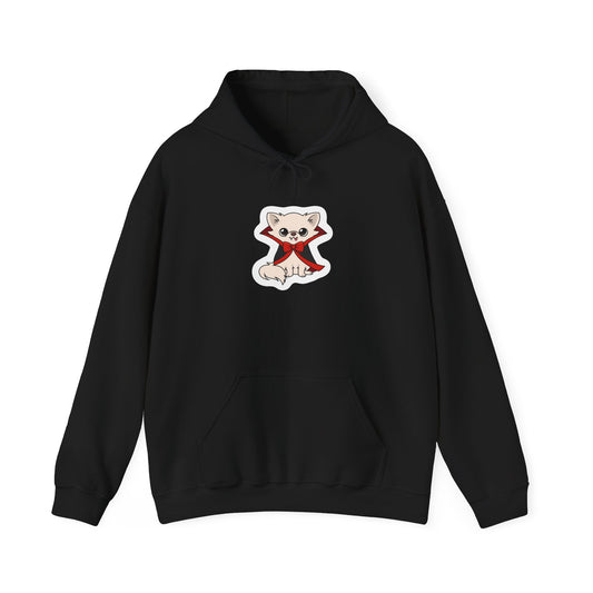 Front view of a black hoodie featuring Cedric, a cream-colored chihuahua sitting calmly in a black cape with red lining and a red bow, printed at the center chest.