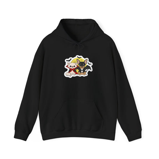 Black pullover hoodie with a centered graphic of two chihuahuas in front of a yellow moon, one cream dog in a red-lined cape and bow and one black-and-tan dog with bat wings, surrounded by small flying bats.