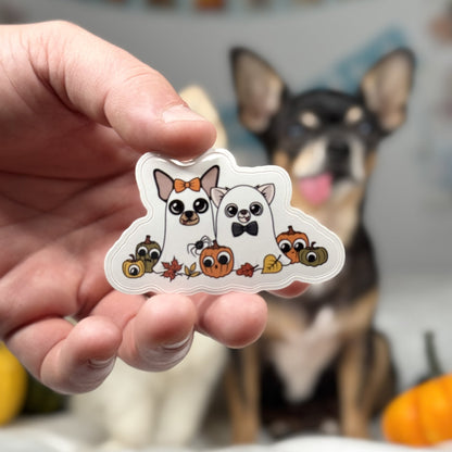 Boo Crew Sticker featuring Ghost Maya and Ghost Cedric Chihuahuas surrounded by googly-eyed pumpkins, perfect for Halloween.