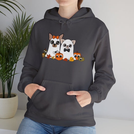 Boo Crew Halloween Hoodie featuring ghostly Chihuahuas Maya and Cedric with pumpkins, perfect for trick-or-treating or cozy Halloween style.