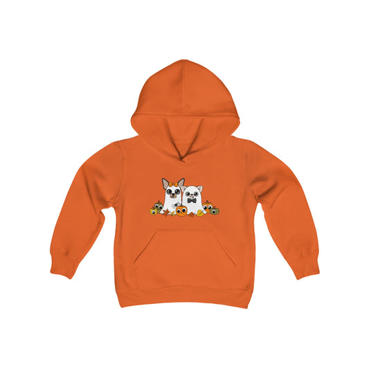 Boo Crew Kids Halloween Hoodie featuring ghostly Chihuahuas Maya and Cedric, perfect for trick-or-treating or everyday Halloween fun.