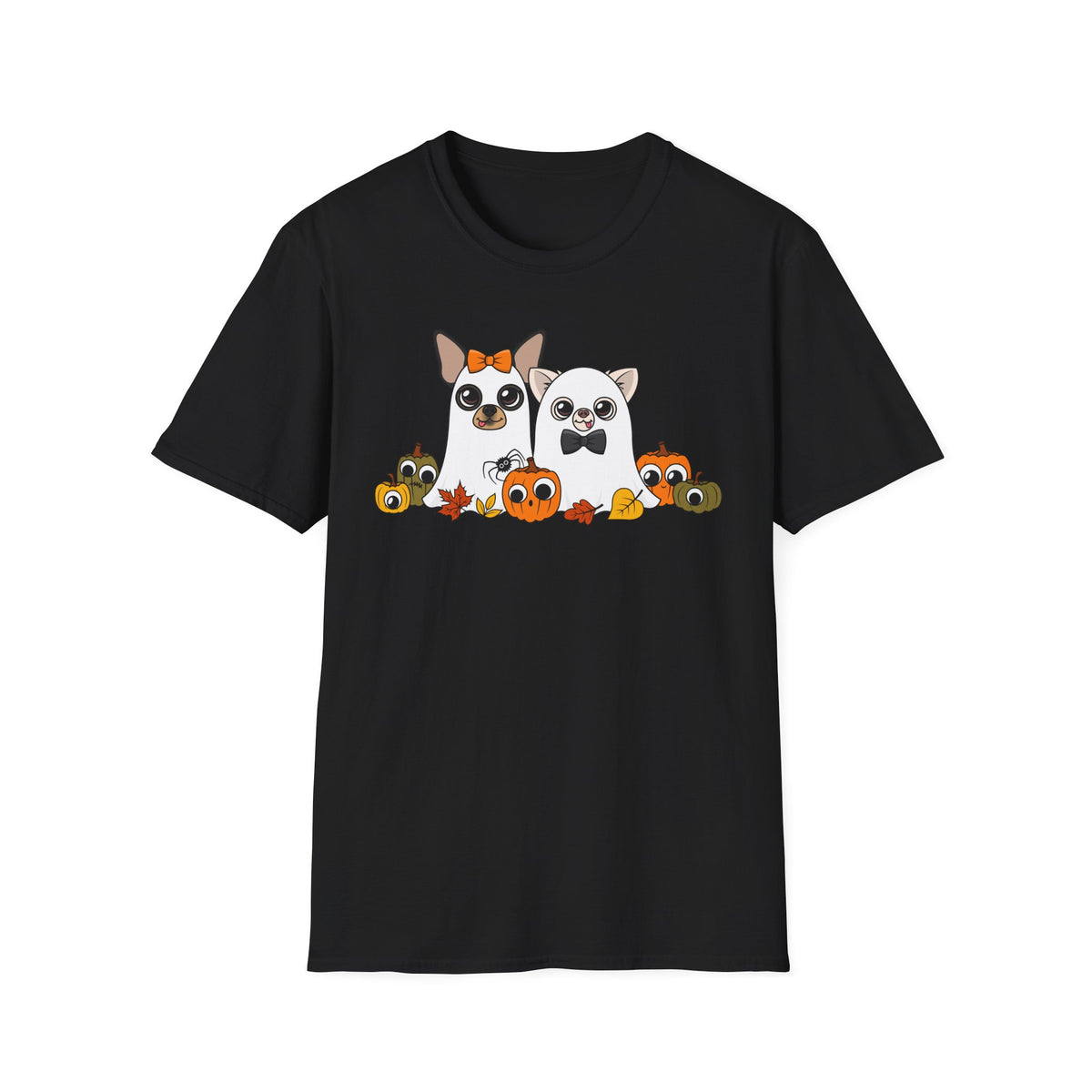 Front view of a black unisex T-shirt featuring the Boo Crew Chihuahua characters with pumpkins.