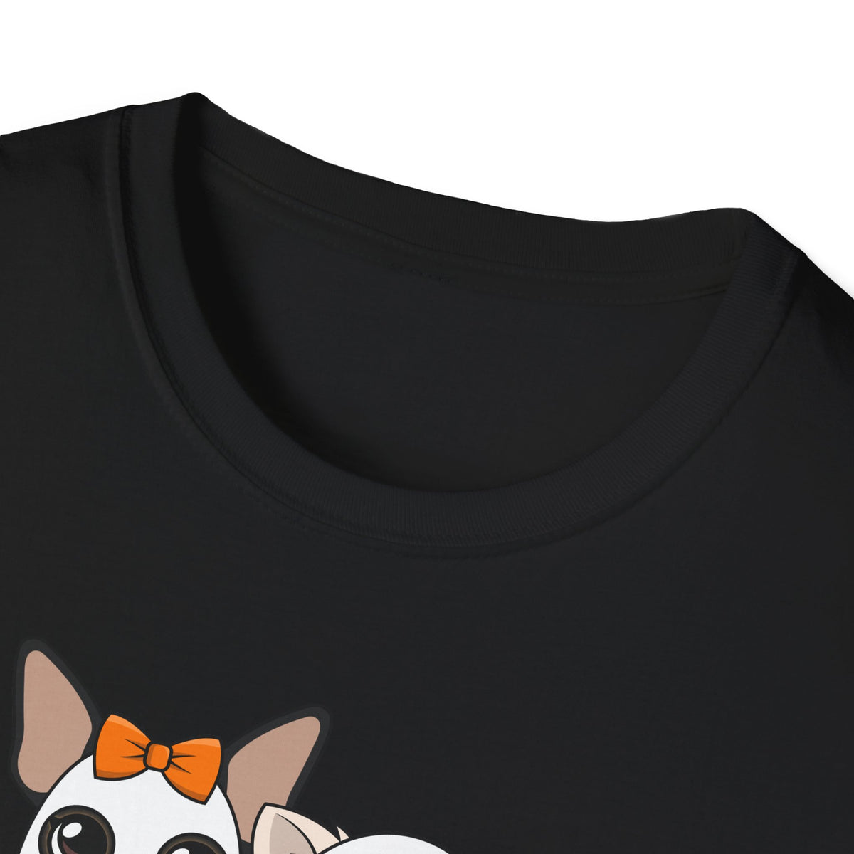 Close view of the black T-shirt neckline and fabric.