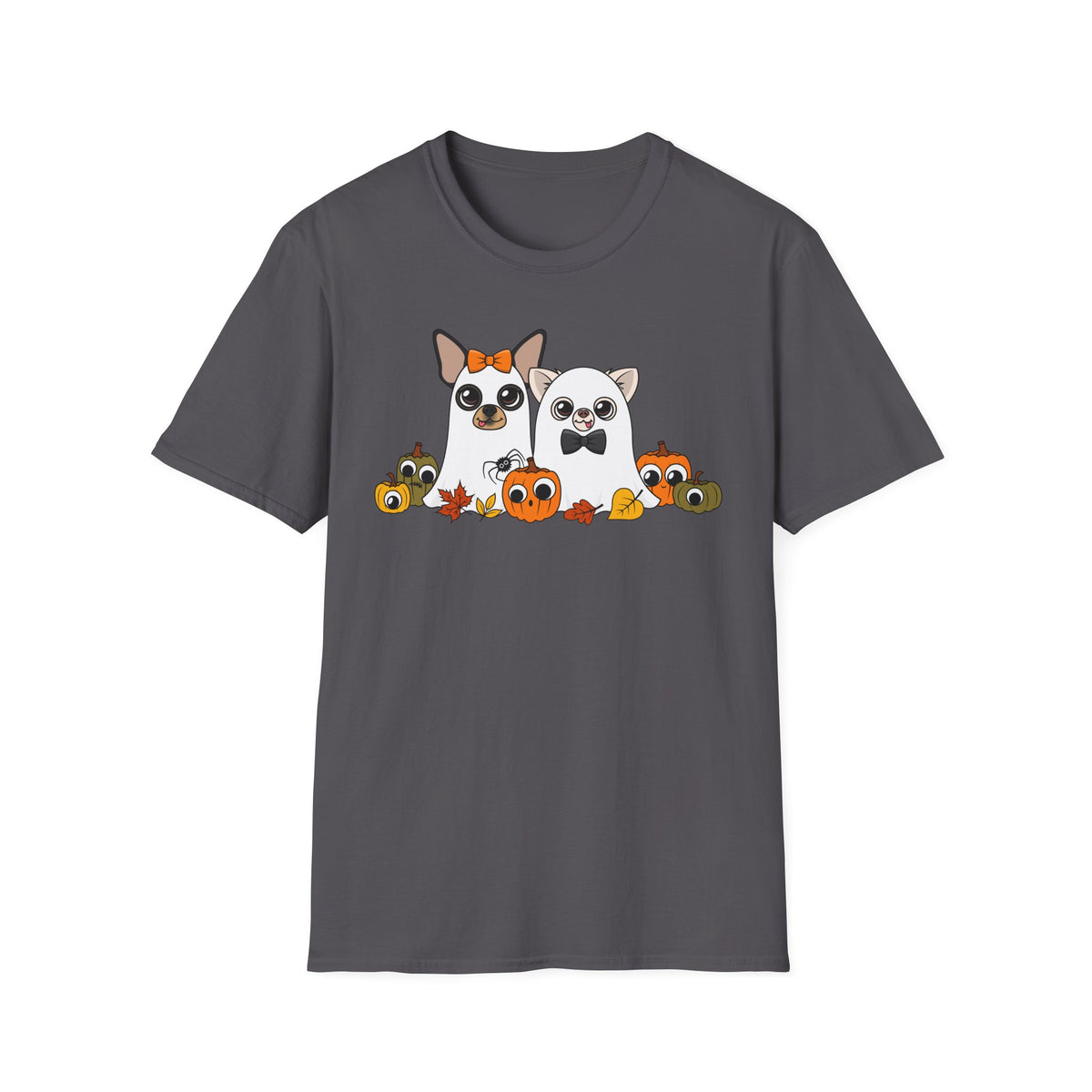 Front view of a charcoal unisex T-shirt featuring the Boo Crew Chihuahua characters with pumpkins.