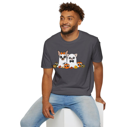 Man seated wearing the charcoal Boo Crew T-shirt.