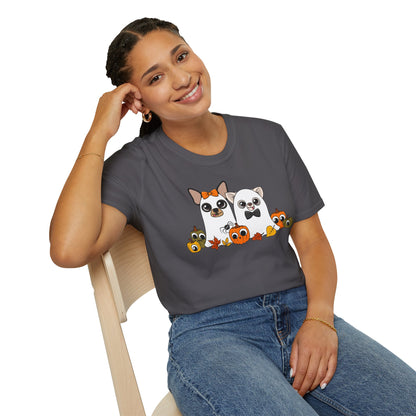 Woman seated indoors wearing the charcoal Boo Crew T-shirt.