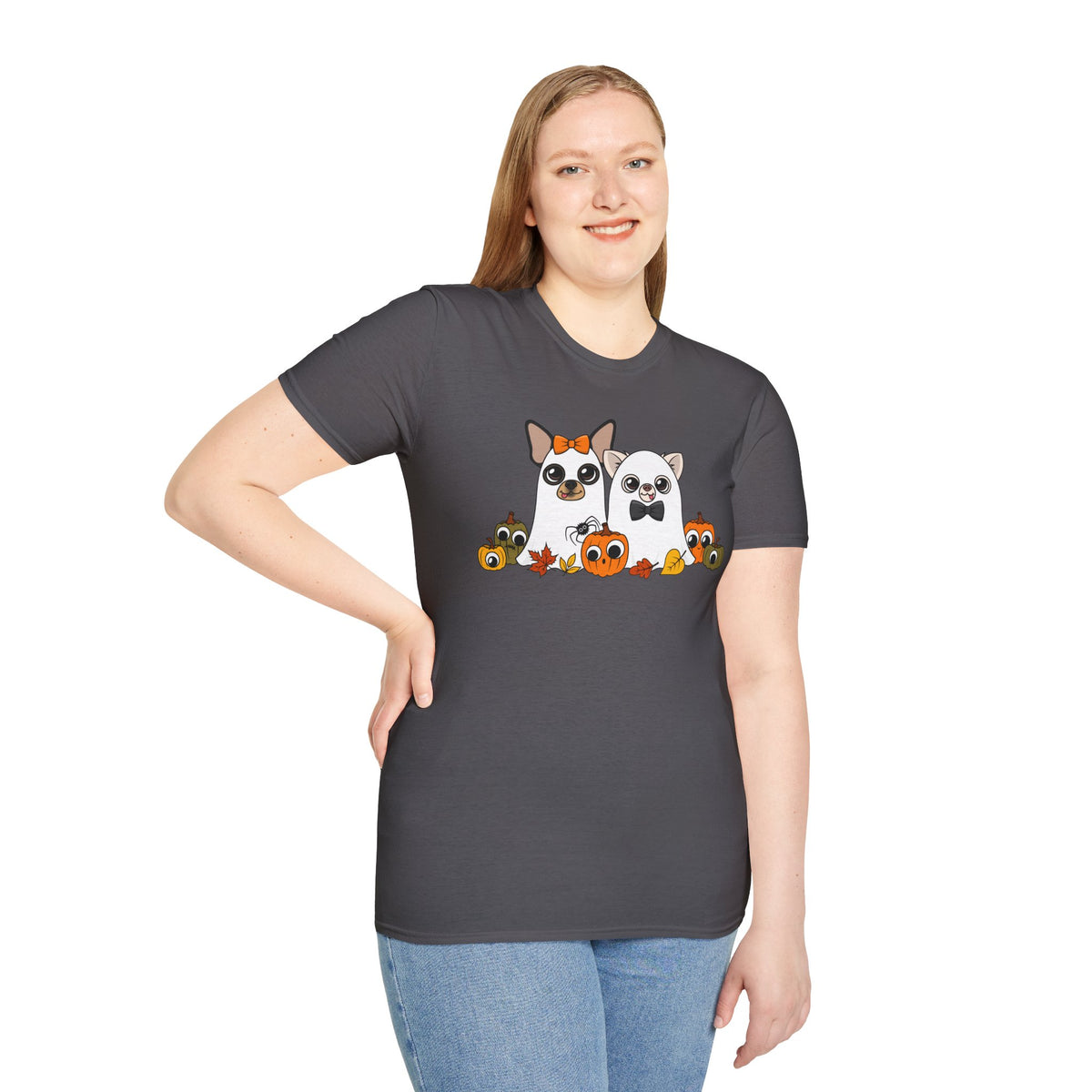 Woman wearing the charcoal Boo Crew T-shirt, front view.
