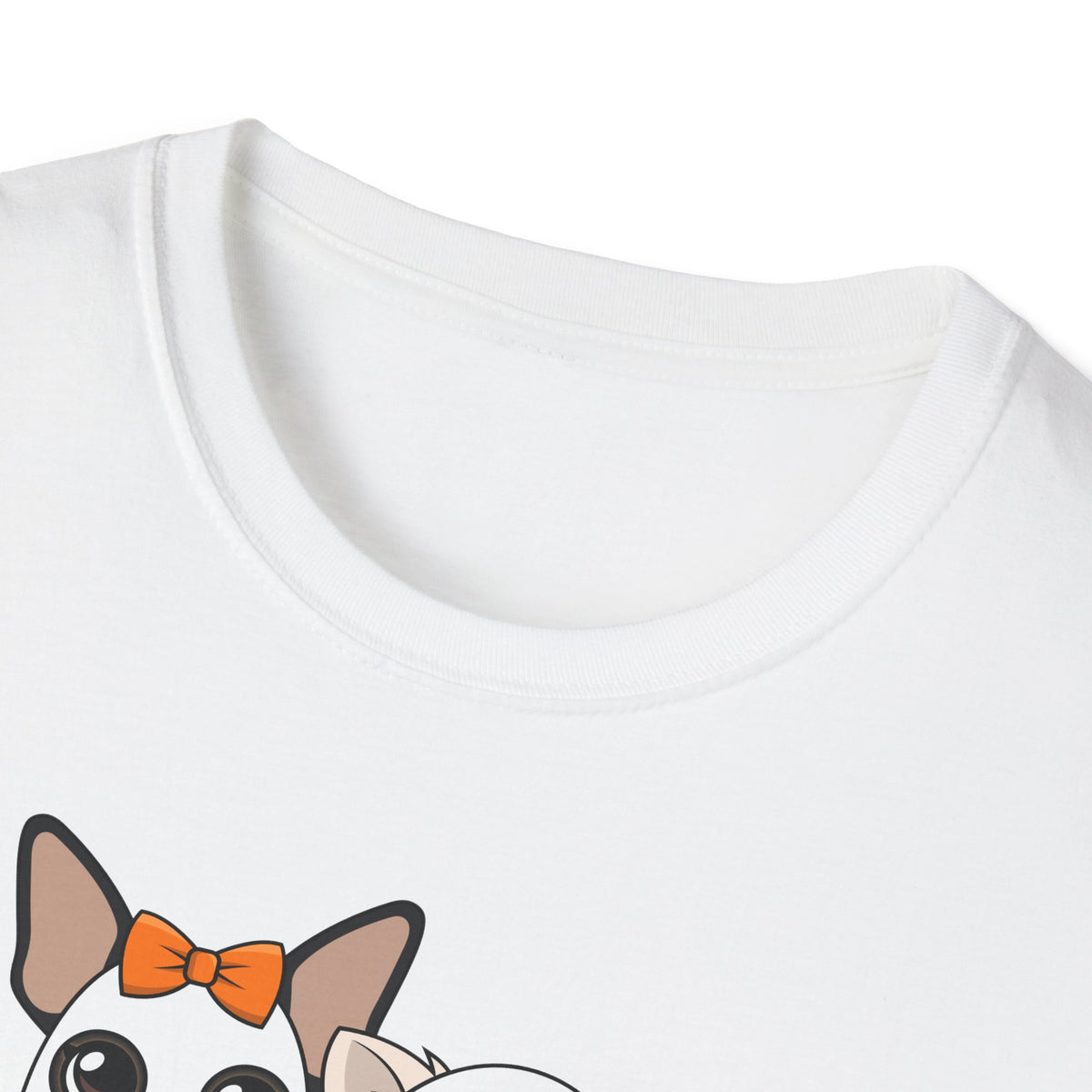 Close view of the white T-shirt neckline and fabric.
