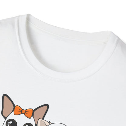 Close view of the white T-shirt neckline and fabric.
